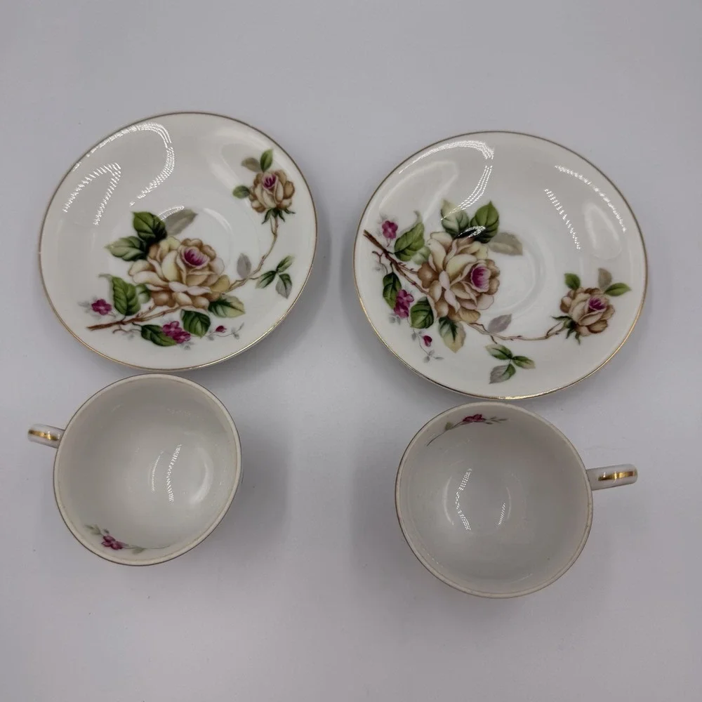 Vintage Lynmore Golden Rose 2 Teacups With Saucers  Fine China Japan Yellow Pink